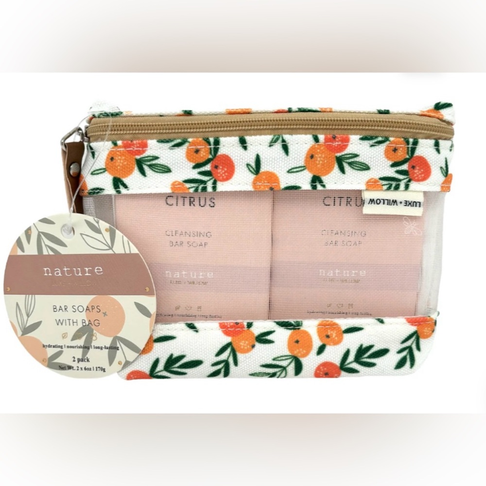 LUXE & WILLOW Citrus 2 Pack Bar Soaps with Travel Cosmetic Pouch NEW/SEALED